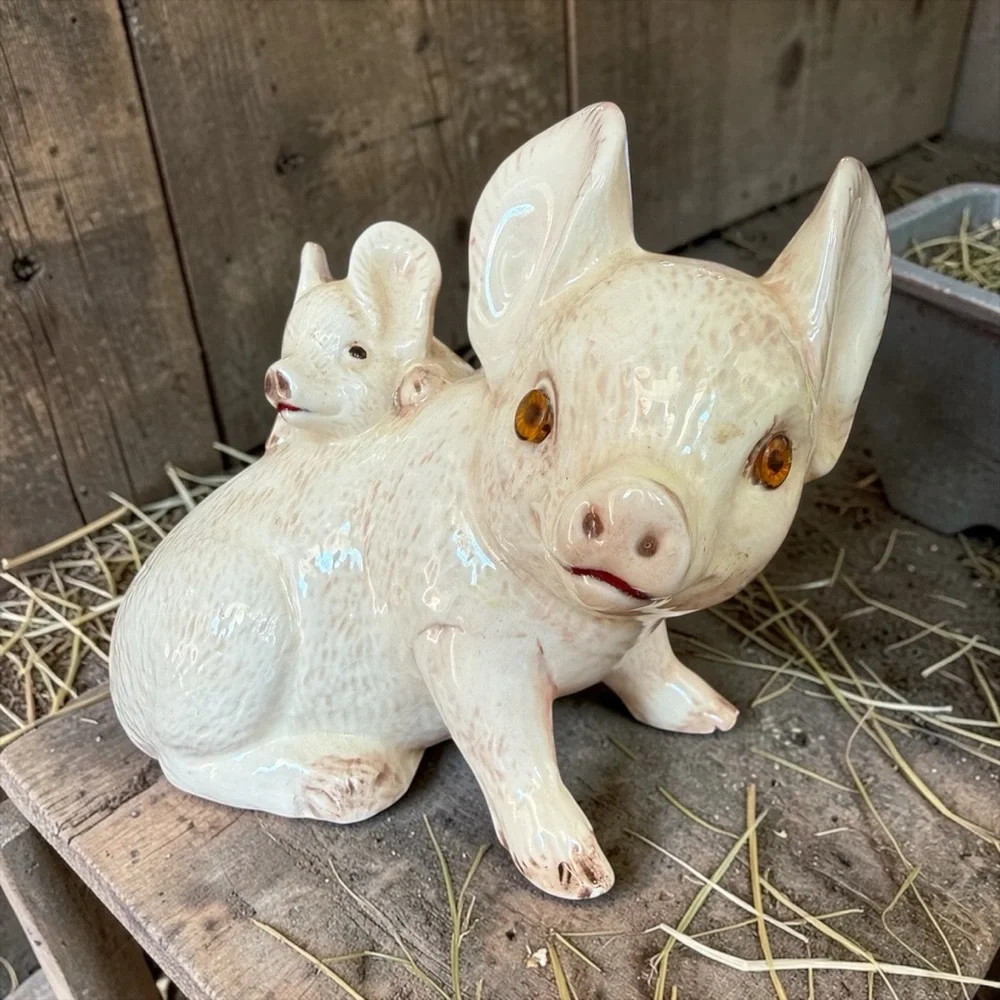 Vintage 1980s Ceramic Mother & Baby Pig Figurine Glass Eyes Farmhouse Decor